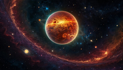 abstract of a planet in space, featuring swirling colors and dynamic shapes that convey a sense of c
