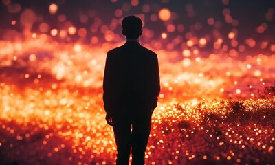 Wall Mural - Silhouette of a person standing in a field of red glowing lights.