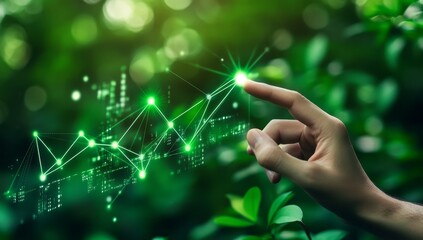 Poster - Hand pointing at upward green graph, nature background.
