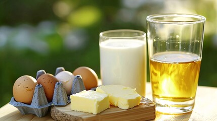 picturesque rural breakfast setting with eggs, a glass of milk, fresh butter, and honey displayed on a simple wooden table. Soft light accentuates the natural textures of the ingredients. 