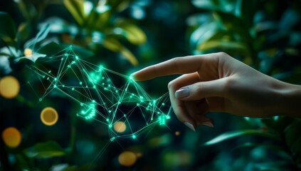 Fototapete - Woman's fingertip interacting with glowing green network.