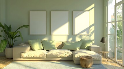 Sunlit living room with beige sofa, three blank frames, and potted plant.