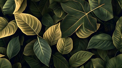 Poster - Lush Green and Gold Tropical Leaves Background