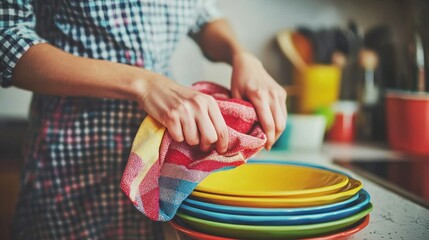 a cheerful person drying clean dishes with a colorful dish towel in a bright kitchen setting.