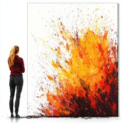 Poster - A woman admires a vibrant abstract painting featuring explosive shades of orange, red, and black, evoking a sense of energy and movement, self love on white background