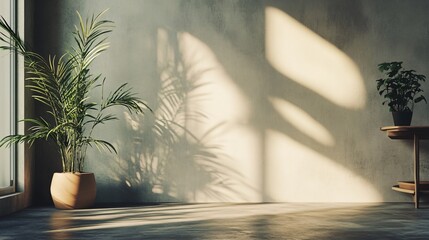 Sticker - Room with a large window and a potted plant. The room is empty and has a minimalist feel