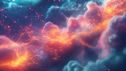 Poster - Abstract digital cloud with glowing particles and network lines.