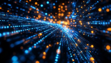 Poster - Abstract blue and orange light streaks converging into a tunnel.