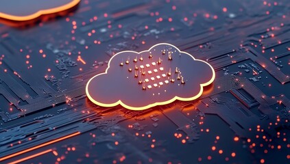 Poster - Illuminated cloud symbol on circuit board, representing digital data storage and cloud computing.