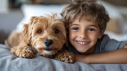 Poster - Happy boy and his fluffy dog cuddle on a bed.