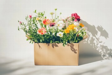 Aufkleber - Vibrant fresh flowers in a cardboard delivery box with empty space for text. Generative AI