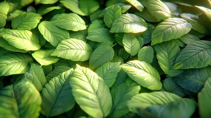 Poster - Lush Green Leaves in Natural Light Showcasing Vibrant Texture and Details for Nature and Environmental Themes