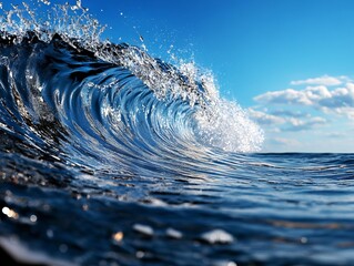 Wall Mural - A large wave breaking in the ocean with a blue sky in the background
