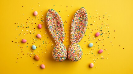 Wall Mural - Vibrant easter celebration idea with bunny ears, chocolate eggs, colorful dragees, and sprinkles on a bright yellow background in top view composition for festive holiday themes and creative seasonal 