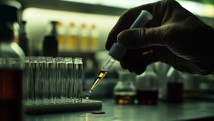 Poster - Scientist's hand using pipette to add liquid into test tube in lab.