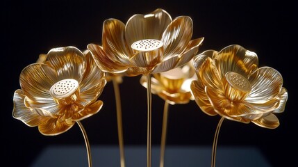 Poster - Elegant golden flower sculptures with intricate petal designs and artistic flair, set against a dark background for a stunning visual contrast