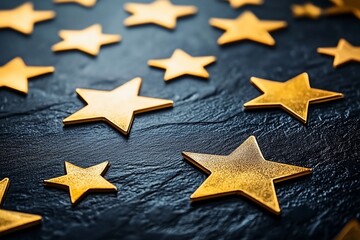 Poster - A close-up of golden stars on a textured black surface.