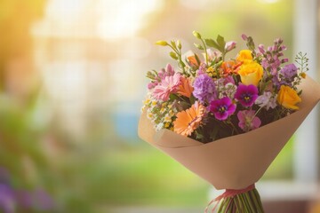 Aufkleber - Colorful flower bouquet wrapped in kraft paper with room for text and bright sunlight in the background. Generative AI
