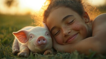 Poster - Happy girl and piglet cuddling in a grassy field at sunset.