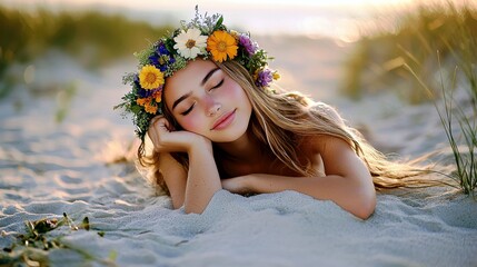 Wall Mural - Young Woman with Floral Crown Relaxing on Sandy Beach at Sunset, Enjoying the Warm Glow of Natural Light and Peaceful Environment