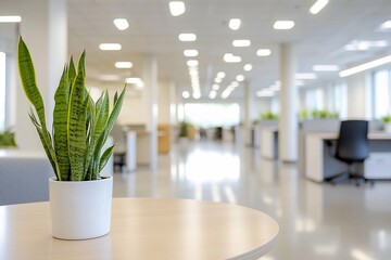 Poster - Modern office interior with a plant on a table and bright lighting.