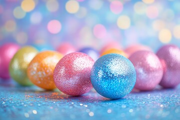Poster - Colorful glitter easter eggs arranged on a sparkling surface with a blurred festive background