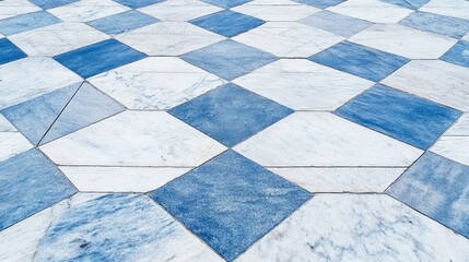 Poster - Checkerboard Marble Floor Blue and White Design