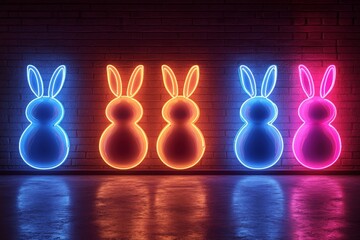 Poster - Neon rabbit art installation with colorful lights in a darkened space during a festive celebration