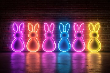 Poster - Colorful neon bunny lights create a festive atmosphere in an urban setting perfect for Easter celebrations