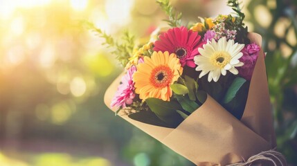 Poster - Colorful flower bouquet wrapped in kraft paper with space for custom text and decoration ideas. Generative AI