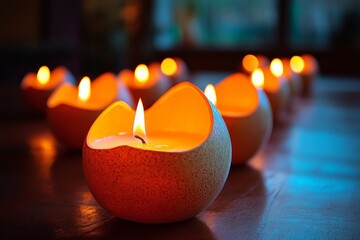 Poster - Soothing ambiance created by lit candles arranged on a wooden surface during a tranquil evening gathering