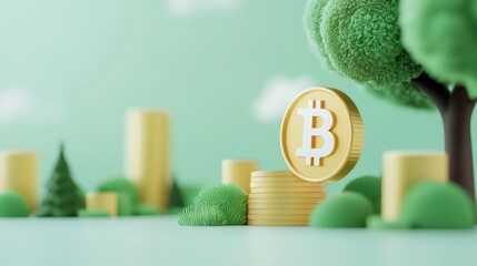 Wall Mural - A vibrant digital representation of Bitcoin, featuring golden coins amidst green landscapes, symbolizing cryptocurrency and innovation.