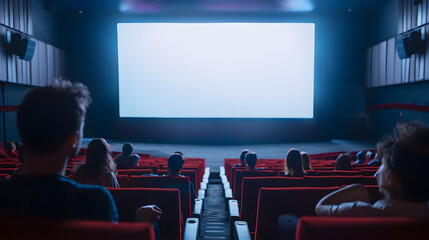 A movie theater showcases a large screen with people