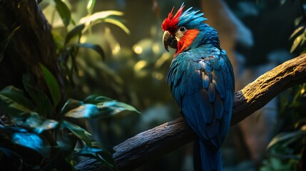 Blue and red parrot is perched on a branch in a lush green forest. The bird's vibrant colors and the surrounding foliage create a sense of tranquility and natural beauty