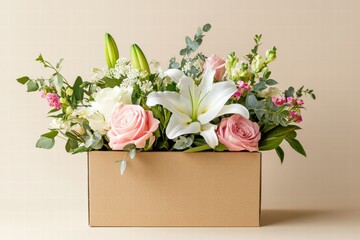 Aufkleber - Elegant delivery box filled with fresh flowers in warm mocha tones and bright colors for special occasions. Generative AI