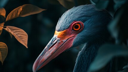 Bird with a red eye and orange beak is standing in a forest. The bird is surrounded by green leaves and branches, creating a sense of depth and dimension. The image evokes a feeling of tranquility