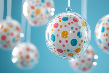 Poster - Colorful hanging ornaments with polka dots create a playful atmosphere in a bright blue setting