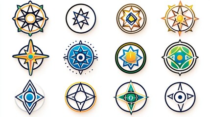 Poster - Colorful Geometric Star Compass Symbols Set
