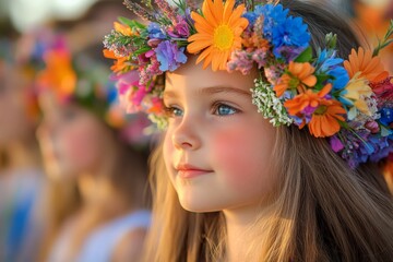 Wall Mural - Young girl with flower crown during celebration in a vibrant outdoor setting at sunset