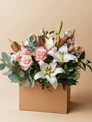 Aufkleber - Delivery box with vibrant flowers showcasing a warm chocolate brown tone suitable for various occasions. Generative AI
