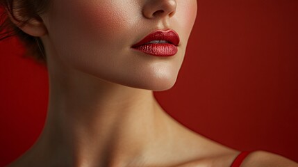 Wall Mural - Woman with red lipstick and red hair. She is wearing a red dress. The image has a bold and confident mood