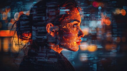 Woman's face overlaid with digital code at night.