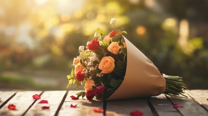 Leinwandbilder - Delicate bouquet of roses and wildflowers wrapped in kraft paper on a wooden table with soft sunlight in the background. Generative AI