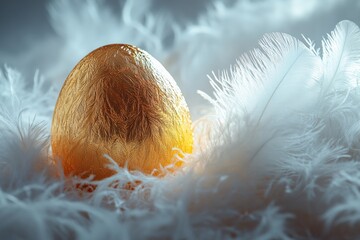 Aufkleber - Golden egg nestled among soft white feathers in serene light