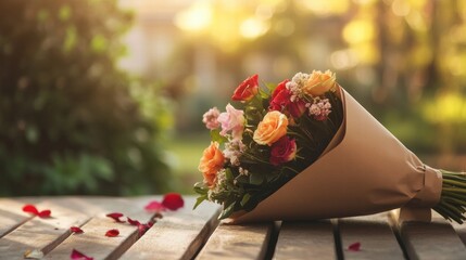 Aufkleber - Beautiful bouquet wrapped in kraft paper placed on wooden table in a serene garden setting with copy space for text. Generative AI