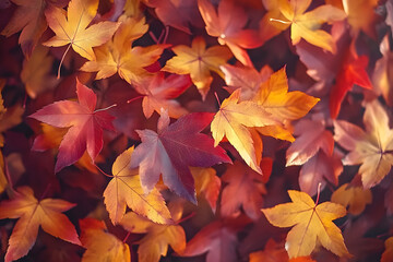 Poster - Scattered colorful red, orange and yellow fall maple leaves background. Colors of gold autumn. Seasonal decoration concept.
