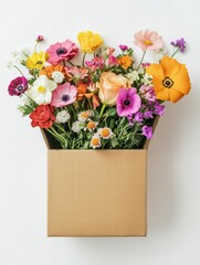 Aufkleber - Vibrant fresh flowers beautifully arranged in a cardboard delivery box with ample space for customization or branding. Generative AI