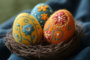Poster - Colorful felted Easter eggs in a nest showcasing intricate floral designs and vibrant colors on a cozy fabric background