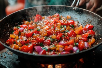 Wall Mural - Close-up of colorful vegetable stir-fry cooking in a wok.