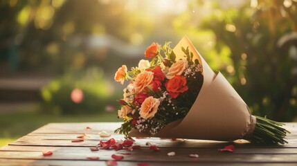 Aufkleber - Bouquet wrapped in kraft paper placed on wooden table with soft sunlight and flower petals around. Generative AI